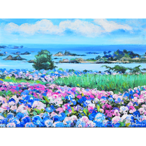 A field of hydrangeas on a misty Day 30x40cm
